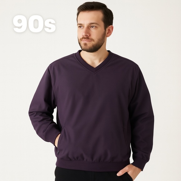 JOHN ASHFORD Retro 90s Purple Lined V-Neck Windbreaker Pullover Jacket L - Picture 1 of 15